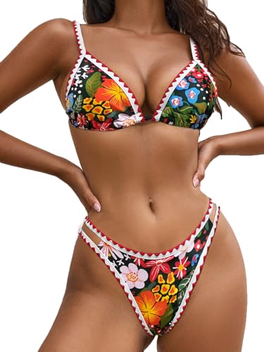 BIKINX Bikini-Sets für Damen, zweiteilig, sexy Badeanzüge, Push-Up, hoher Beinausschnitt, Neonfarben, 2 x dreieckige schwarze Blumen, 42-44 von BIKINX