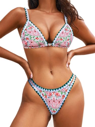 BIKINX Bikini-Sets für Damen, zweiteilige Badeanzüge, sexy Badeanzüge, Push-Up-Bikinis, hohe Beine, Neon, 2 x Dreiecksgras, 38-40 von BIKINX