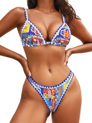 BIKINX Bikini-Sets für Damen, zweiteilig, sexy Badeanzüge, Push-Up, hoher Beinausschnitt, Neonfarben, 2 x Dreiecksmuster, 38-40 von BIKINX