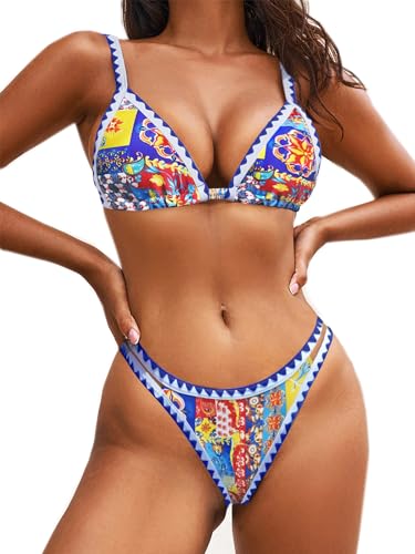 BIKINX Bikini-Sets für Damen, zweiteilige Badeanzüge, sexy Badeanzüge, Push-Up-Bikinis, hohe Beine, Neon, 2 x Dreiecksmuster, 4-6 von BIKINX