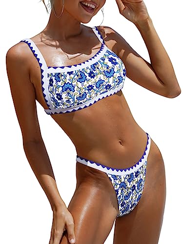 BIKINX Damen-Badeanzüge, sexy Tanga, Mikro-Bikini, Blumenmuster, zweiteilig, Badeanzug, Farbblock, Bandeau-Badeoberteil, 2 Stück Blumen Blau 2, S von BIKINX