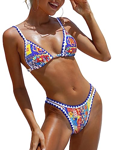 BIKINX Damen Badeanzüge Sexy Tanga Micro Bikini Ditsy Floral Zweiteilige Sets Badeanzug Farbblock Bandeau Badeoberteil, 2 Stück, Dreieck, blau 8, 42-44 von BIKINX