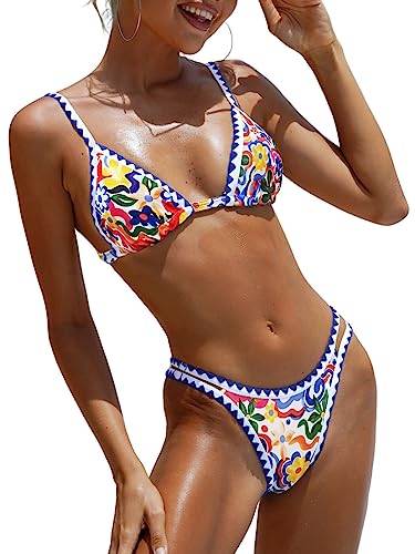 BIKINX Damen Badeanzüge Sexy Tanga Micro Bikini Ditsy Floral Zweiteilige Sets Badeanzug Farbblock Bandeau Badeoberteil, 2 x Dreiecksblume6, 4-6 von BIKINX