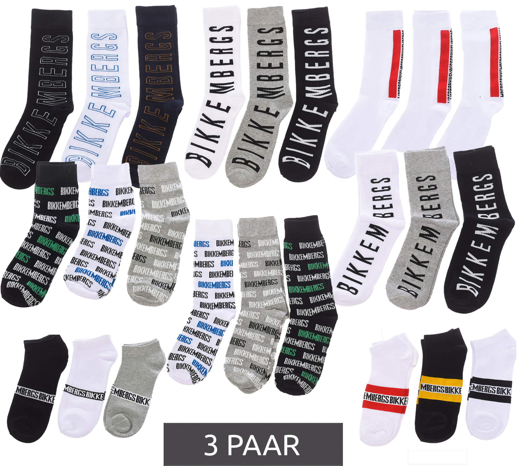 3 Paar BIKKEMBERGS Damen & Herren Tennis-Socken mit Marken Schriftzug Baumwoll-Strümpfe Weiß/Schwarz/Grau/Blau von BIKKEMBERGS