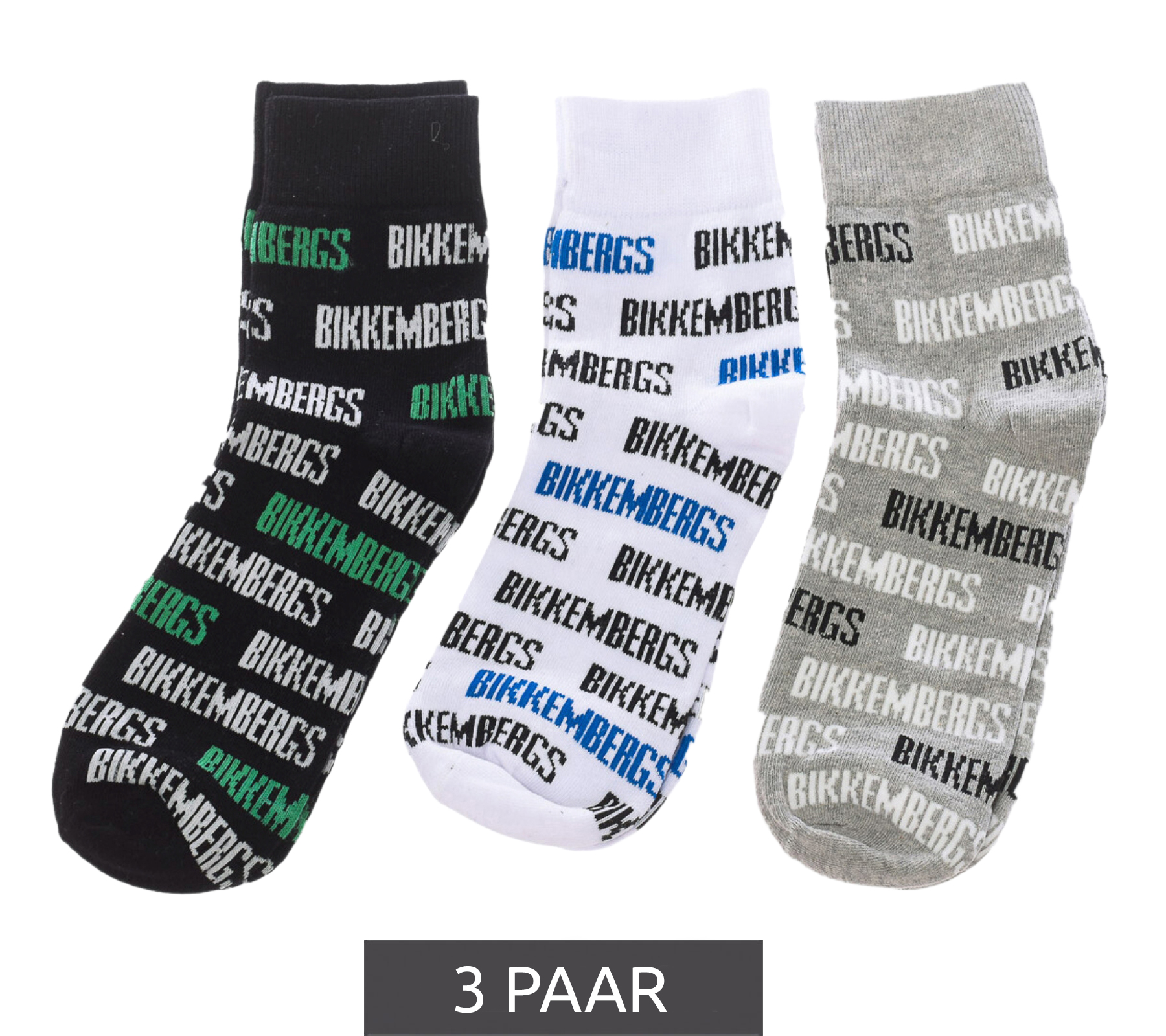 3 Paar BIKKEMBERGS Surtido Herren Sport-Socken mit Allover Marken-Print Baumwoll-Strümpfe BF_038 Weiß/Schwarz/Grau von BIKKEMBERGS