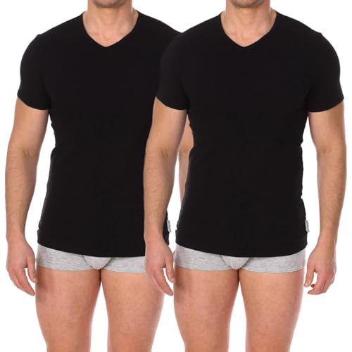 BIKKEMBERGS Herren T-Shirt 2er Pack T-Shirts Kurzarm V-Ausschnitt Stretch-Baumwolle Doppelpack Artikel BKK1UTS02BI BIPACK, Black, XL von BIKKEMBERGS