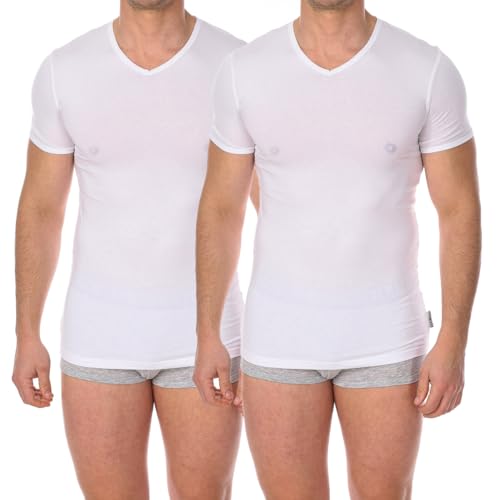 BIKKEMBERGS Herren T-Shirt 2er Pack T-Shirts Kurzarm V-Ausschnitt Stretch-Baumwolle Doppelpack Artikel BKK1UTS02BI BIPACK, White, L von BIKKEMBERGS