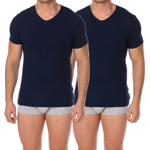 Bikkembergs 2er-Pack Unterwäsche-T-Shirts mit V-Ausschnitt – Herren – Stretch-Baumwolle (Blau M) von BIKKEMBERGS