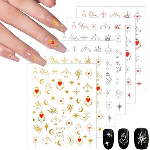 BIKPRST 6Pcs Sticker Fingernagel Selbstklebend Nageldesign Stern Mond Nail Art Sticker Dekoration Nageldesign Zubehör von BIKPRST