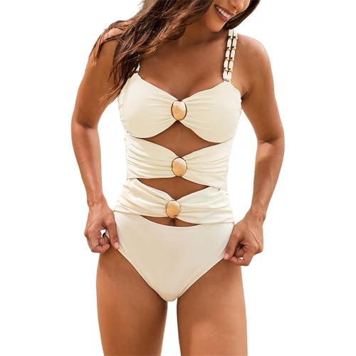 BILIKEYU Badeanzug Damen Einteiliger Bauchweg Monokini Bademode Atmungsaktiv Bequem Badeanzüge Vintage Boho Hohle Metallknöpfen Strandmode Swimsuits (Beige, L) von BILIKEYU