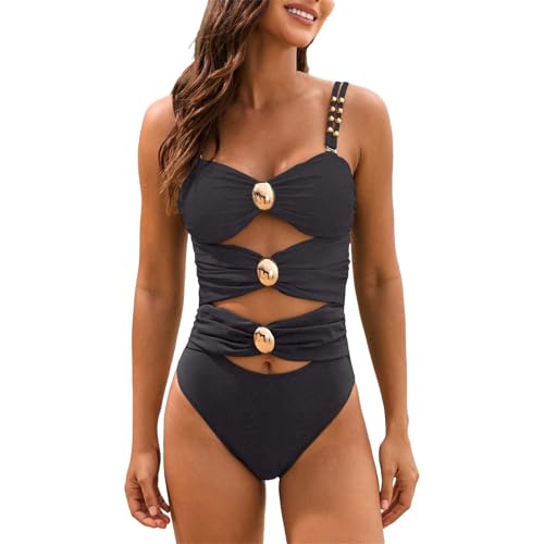 BILIKEYU Badeanzug Damen Einteiliger Bauchweg Monokini Bademode Atmungsaktiv Bequem Badeanzüge Vintage Boho Hohle Metallknöpfen Strandmode Swimsuits (Black, XXL) von BILIKEYU