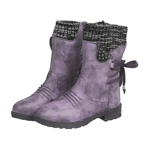 BILIKEYU Damen Cowboy Mid Calf Stiefel Rücken Kordelzug Low Heel Splicing Boots Winter Warm Bootie für Biker Motorradfahren (Purple, 40) von BILIKEYU
