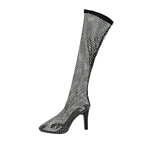 BILIKEYU Damen Einfarbig Mesh Runde Stiefel Strass Schuhe Dünne High Heels Party Lange Stiefel Spann (Black, 38) von BILIKEYU
