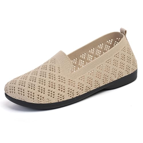 BILIKEYU Damen Freizeitschuhe Mode Leichte Weiche Sohle Flache Bequem Mesh Gestrickte Atmungsaktiv rutschfeste Walkingschuhe Elegante Outdoor Loafer Gehen Schuhe gr 40 Khaki von BILIKEYU