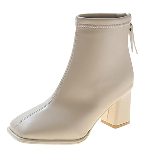 BILIKEYU Damen Kunstleder Stiefeletten Quadratische Zehe Chunky Block Heel Kurzer Stiefel Rücken Reißverschluss Mittelhohe Winterkleid Stiefeletten (White, 37) von BILIKEYU