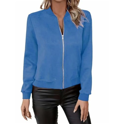BILIKEYU Damen Lederjacke Langarm Reißverschluss Seitentasche Ledermantel Vintage Kurze Wildlederjacke Weich Leicht Baseballjacke Moto Bikermantel Oberteil (Blue, M) von BILIKEYU