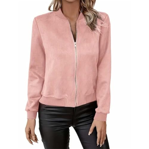 BILIKEYU Damen Lederjacke Langarm Reißverschluss Seitentasche Ledermantel Vintage Kurze Wildlederjacke Weich Leicht Baseballjacke Moto Bikermantel Oberteil (Pink, M) von BILIKEYU