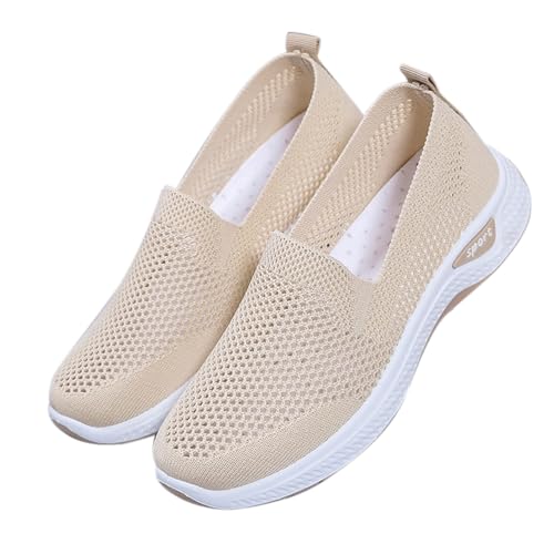 Damen Sneakers Sportschuhe Slip in Stoffschuhe Mesh Atmungsaktive Weiche Sohle Bequem rutschfeste Orthopädische Freizeitschuhe Walkingschuhe Outdoor Gehen Schuhe gr 39 Beige von BILIKEYU