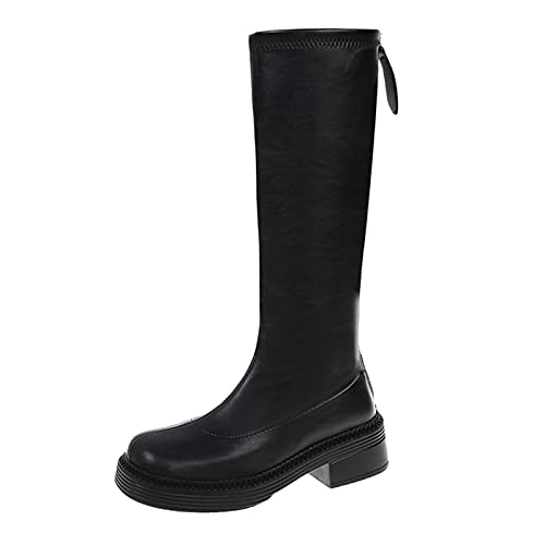 BILIKEYU Damen Solid Toe Heel Round Color Back Elastischer Reißverschluss Fashion Boots Dicke Damenstiefel Orthopädische (Black, 37) von BILIKEYU
