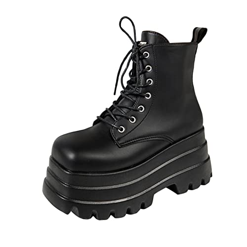 BILIKEYU Damen britischer Stil einfarbig Schnürung seitlicher Reißverschluss Keilabsatz kurze Stiefel mit dicken Sohlen Kinder Mädchen 33 (Black, 38) von BILIKEYU