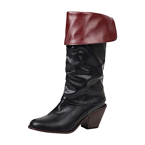 BILIKEYU Damen- - und Winter- Flanging-Zwei dicke hochhackige Western-Cowboy-Stil-Plissee-Lederstiefel zeigen dünne mittlere Stiefel Männer Winter (Black, 42) von BILIKEYU