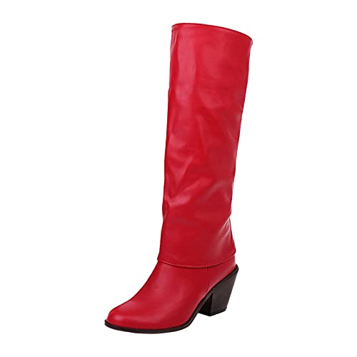 BILIKEYU Damen- - und Winter- Flanging-Zwei dicke hochhackige Western-Cowboy-Stil-Plissee-Lederstiefel zeigen dünne mittlere Stiefel Männer Winter (Red, 42) von BILIKEYU