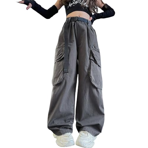 BILIKEYU Mädchen Cargohose Kinder Hohe Taille Baggy Hose mit weitem Bein und Taschen Streetwear Personalisierte Retro Weitbeinhosen Lose Casual Overall Trendy (Grey, 10-11 Years) von BILIKEYU