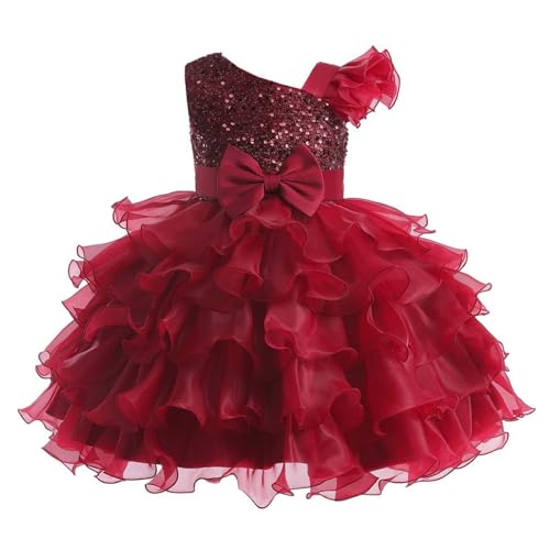 BILIKEYU Mädchen Pailletten Tutu Prinzessin Kleid Ärmellos Eine Schulter Schleife Hohe Taille Fließend Big Swing Party Hochzeit Tüll Kleider (Red, 5-6 Years) von BILIKEYU