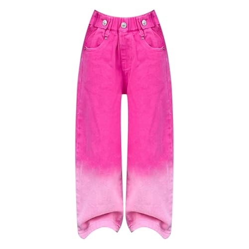 BILIKEYU Mädchen Streetwear Denim Cargohose Hohe Taille Bodenlang Baggy Jeans mit weitem Bein und 5 bis 16 Y (Y1-Hot Pink, 15-16 Years) von BILIKEYU