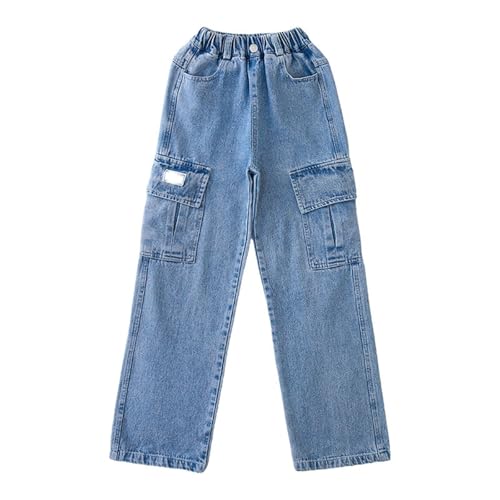 BILIKEYU Mädchen Streetwear Denim Cargohose Hohe Taille Bodenlang Baggy Jeans mit weitem Bein und 5 bis 16 Y (z4-A, 9-10 Years) von BILIKEYU