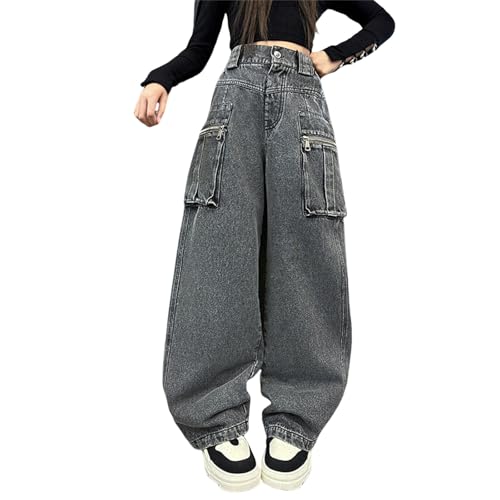 BILIKEYU Mädchen Streetwear Denim Cargohose Hohe Taille Bodenlang Baggy Jeans mit weitem Bein und Taschen 10-12 Jahre von BILIKEYU