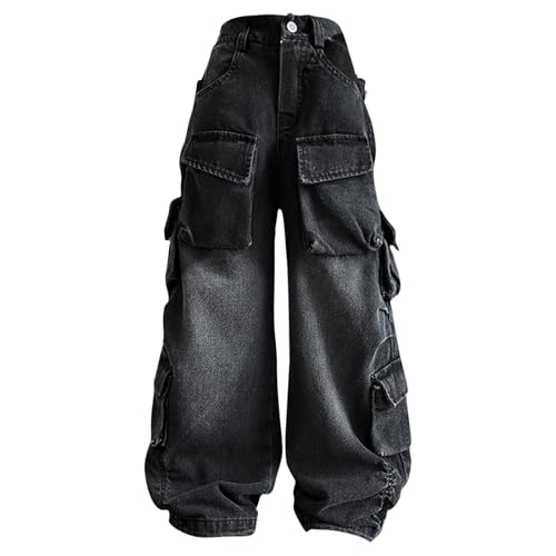 BILIKEYU Mädchen Streetwear Denim Cargohose Hohe Taille Bodenlang Baggy Jeans mit weitem Bein und Taschen 5 bis 16 Y (Black, 13-14 Years) von BILIKEYU
