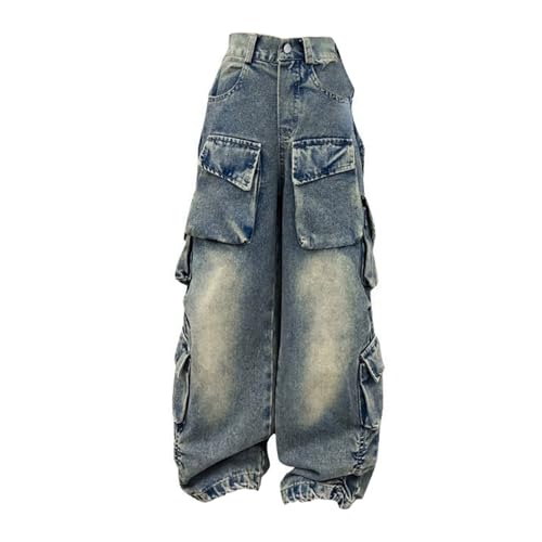 BILIKEYU Mädchen Streetwear Denim Cargohose Hohe Taille Bodenlang Baggy Jeans mit weitem Bein und Taschen 5 bis 16 Y (Blue, 7-8 Years) von BILIKEYU