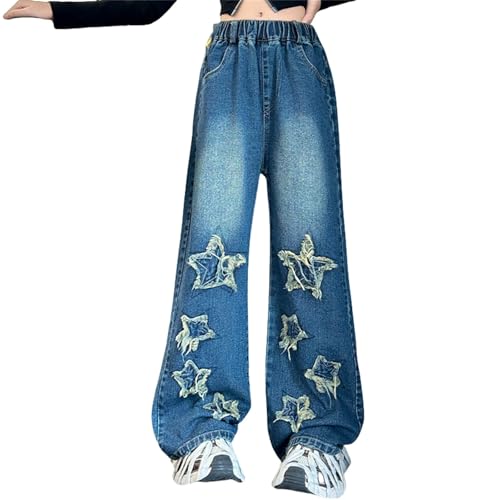 BILIKEYU Mädchen Streetwear Denim Cargohose Hohe Taille Bodenlang Baggy Jeans mit weitem Bein und Taschen 9-10 Jahre von BILIKEYU
