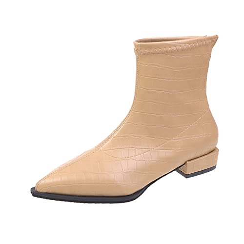 BILIKEYU Mode Herbst Winter Damen Stiefeletten Low Heel Spitzschuh Strukturierter Reißverschluss Bequem Schmaler Schaft Absatz (Khaki, 38) von BILIKEYU