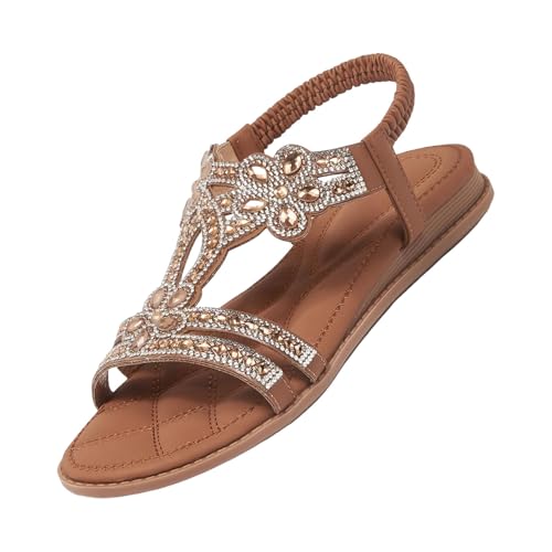 BILIKEYU Sandalen Damen Elegant Bohemia Ethno Leichte Strandurlaub Freizeit Flache Sandalen Sommerschuhe Offene Schuhe Casual Bequeme Ankle Elastic Sandaletten gr 41 von BILIKEYU