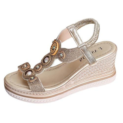 BILIKEYU Sandalen Damen Elegant Boho Strass Elastische Slip-On Offene Plateau Sandaletten Leichte Rutschfeste Bequeme Sommerschuhe Freizeit Strand Schuhe Sandalen Casual Ankle Elastic gr 40 von BILIKEYU