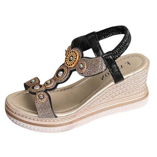 BILIKEYU Sandalen Damen Elegant Boho Strass Elastische Slip-On Offene Plateau Sandaletten Leichte Rutschfeste Bequeme Sommerschuhe Freizeit Strand Schuhe Sandalen Casual Ankle Elastic gr 41 von BILIKEYU