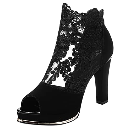 BILIKEYU Sexy Besticktes Mesh Wasserdichte Plattform Fischmaul Dicke High Heel Coole Stiefel Schuhbeutel Für (Black, 41) von BILIKEYU