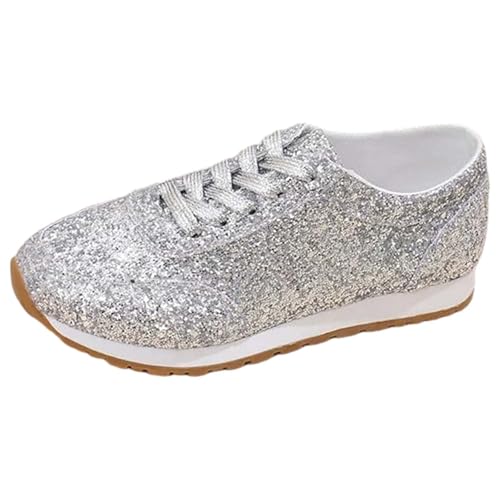 BILIKEYU Sneaker Damen Flache Pailletten Glitzer Atmungsaktive Schnürer Leichte Sportschuhe Turnschuhe Outdoor Laufschuhe Gehen Schuhe Wandersportschuhe gr 42 Silber von BILIKEYU