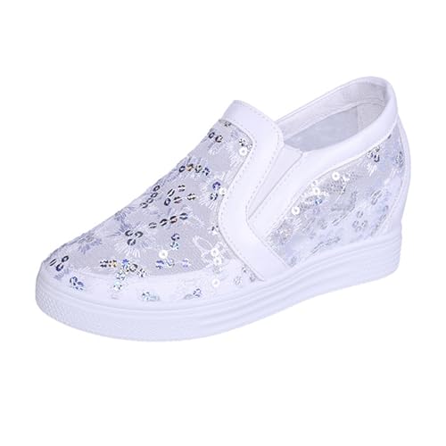 BILIKEYU Walkingschuhe Damen Keilabsatz Spitze Pailletten Atmungsaktiv Mesh Loafers Bestickte rutschfeste Slip On Sneaker Freizeitschuhe Bequeme Weiche Damenschuhe gr 40 von BILIKEYU