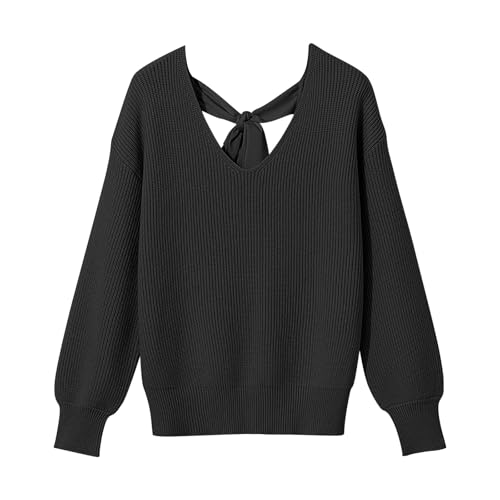 Damen Pullover Rundhalsausschnitt Strickpullover Lange Ärmel Weicher V-Ausschnitt Pullover Gestrickt mit Schleife hinten Loose Fashion Knitted Sweater (Black, L) von BILIKEYU