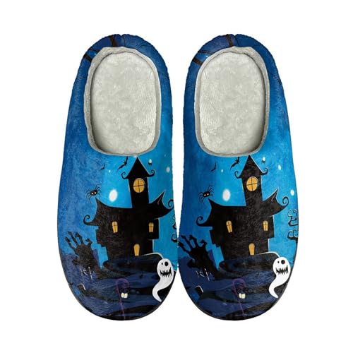 Halloween Weihnachten Hausschuhe Damen Herren Plüsch Flauschige Hausschuhe Lustig Home Slipper Warme Winter Haus Schuhe Frauen Für Drinnen Und Draußen gr 39 Blau von BILIKEYU