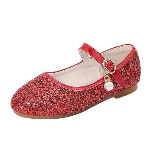 Mädchen Mary Jane Schuhe mit Pailletten Weicher Performance-Prinzessin-Schuhe Kleinkind Kinder Hochzeit mit niedrigem Absatz Glitzer Flache Schuhe (a-Red, 31 Big Kids) von BILIKEYU