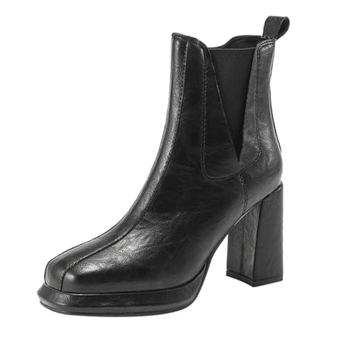 Stiefeletten Damen Elegant High Heel Kurze Röhre Plateau Stiefeletten Lack Ankle Boots rutschfest Kurzschaft Stiefel Winter für Dating Reisen gr 38 Schwarz von BILIKEYU