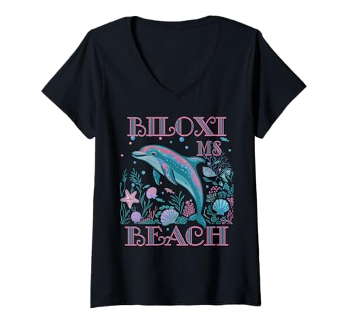 Damen BILOXI BEACH MS DOLPHIN BUNTES STRAND-SOUVENIR T-Shirt mit V-Ausschnitt Damen BILOXI BEACH MS DOLPHIN BUNTES STRAND-SOUVENIR T-Shirt mit V-Ausschnitt von BILOXI BEACH MS DOLPHIN BEACH VACATION