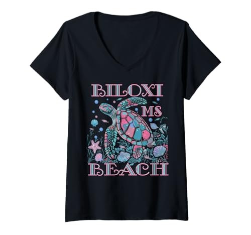 Damen BILOXI BEACH MS TURTLE LOVER BUNTES STRAND-SOUVENIR T-Shirt mit V-Ausschnitt Damen BILOXI BEACH MS TURTLE LOVER BUNTES STRAND-SOUVENIR T-Shirt mit V-Ausschnitt von BILOXI BEACH MS TURTLE LOVER BEACH VACATION