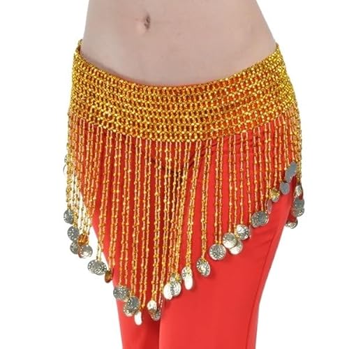 Bauchtanz Outfit,Damen Bauchtanz Kostüm Frauen Bauchtanz Kleidung Quaste Hüfte Schal Bauchtanz Elastic Wickelgürtel mit Gold / Silber Perlen Fransen Tanztuch Bauchtanz Kostüm ( Color : Gold coins bead von BINCIBH