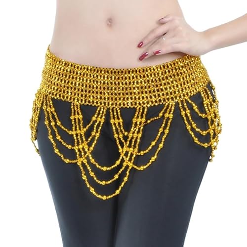 Bauchtanz Outfit,Damen Bauchtanz Kostüm Frauen Bauchtanz Kleidung Quaste Hüfte Schal Bauchtanz Elastic Wickelgürtel mit Gold / Silber Perlen Fransen Tanztuch Bauchtanz Kostüm ( Color : Gold cross bead von BINCIBH