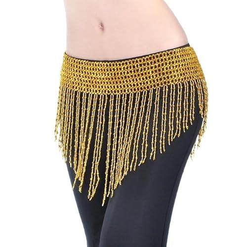 Bauchtanz Outfit,Damen Bauchtanz Kostüm Frauen Bauchtanz Kleidung Quaste Hüfte Schal Bauchtanz Elastic Wickelgürtel mit Gold / Silber Perlen Fransen Tanztuch Bauchtanz Kostüm ( Color : Gold small bead von BINCIBH